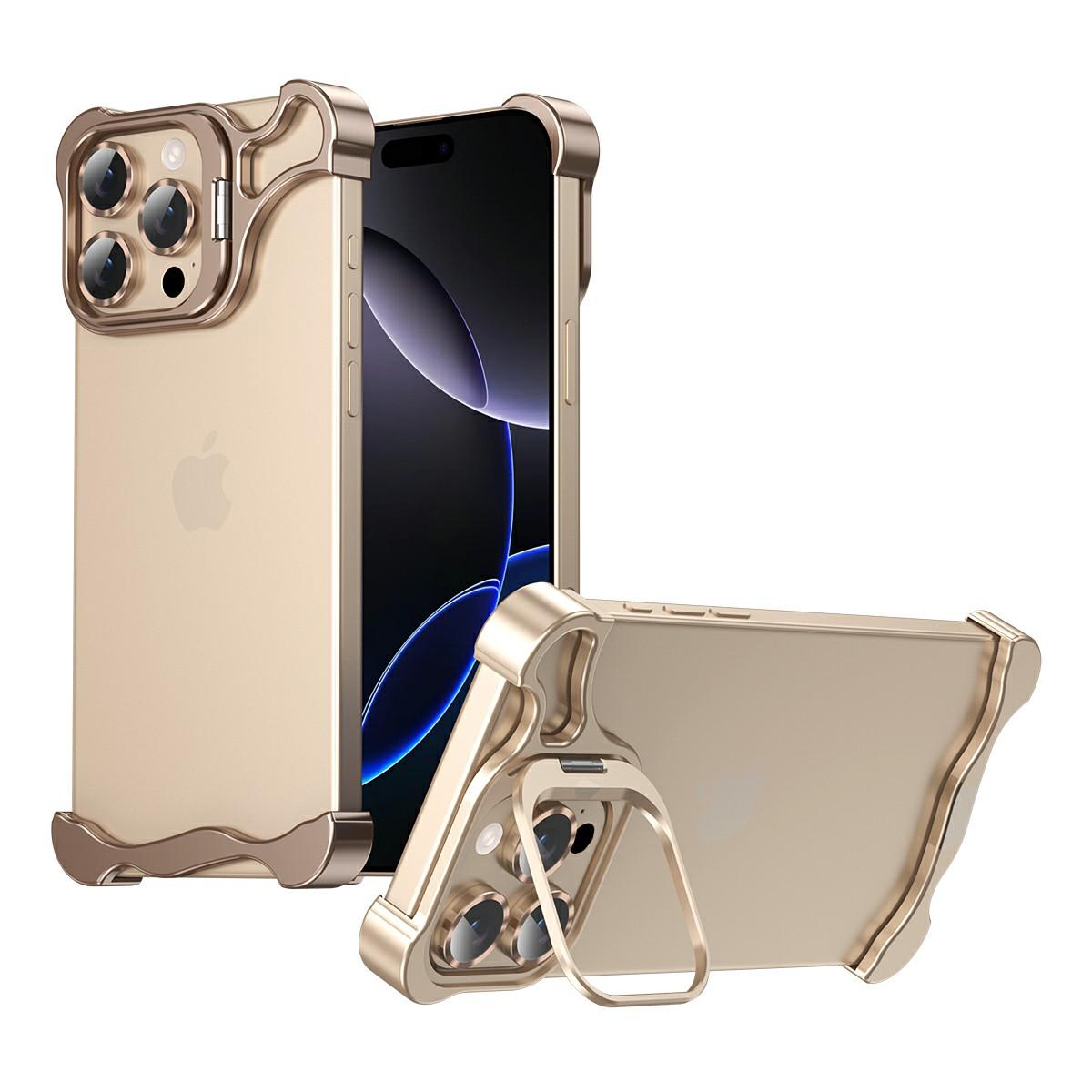

For iPhone 14 Pro Bumper Case Lens Kickstand Heat Dissipating Metal Corner Phone Cover Desert Gold