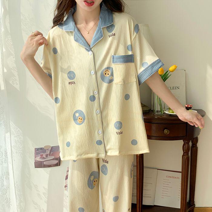 Women's Cute Cartoon Pajama Set - Short Sleeve & Long Pants, Comfortable Summer Home Wear