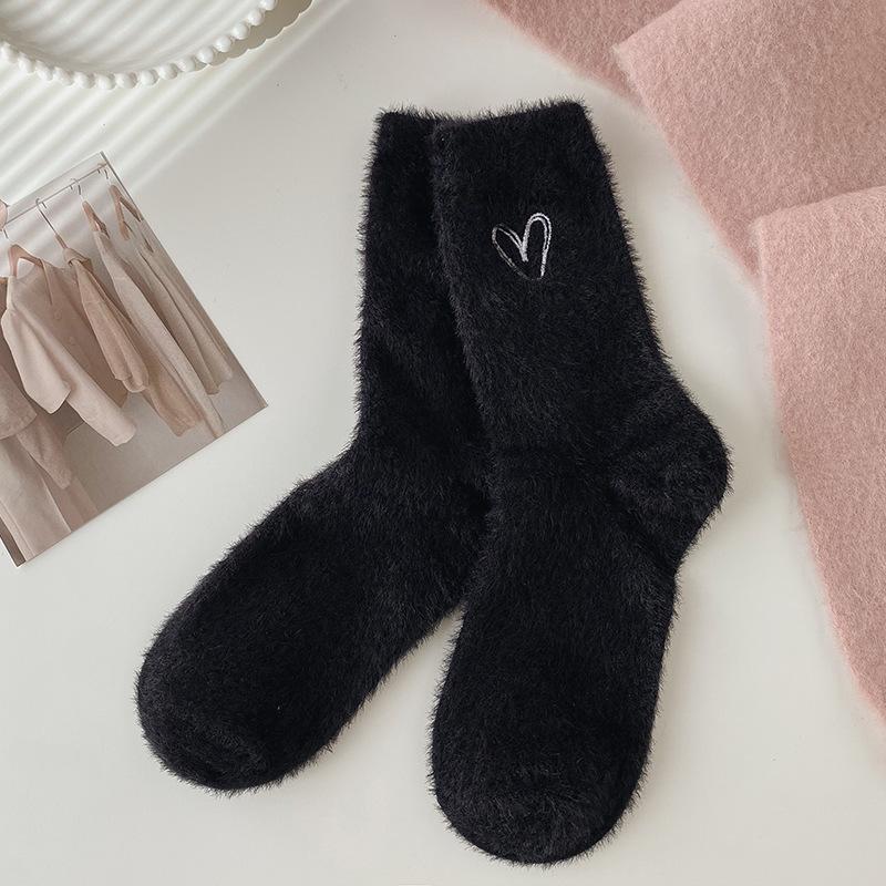Women's Solid Color Home Socks Autumn and Winter Mid Calf Thickened Warm Mink Velvet Pile Socks