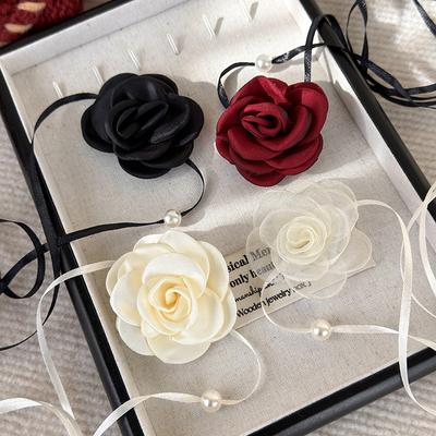 Collana con lacci in pizzo rosa vintage francese, choker lungo con lacci, catenina per clavicola da donna