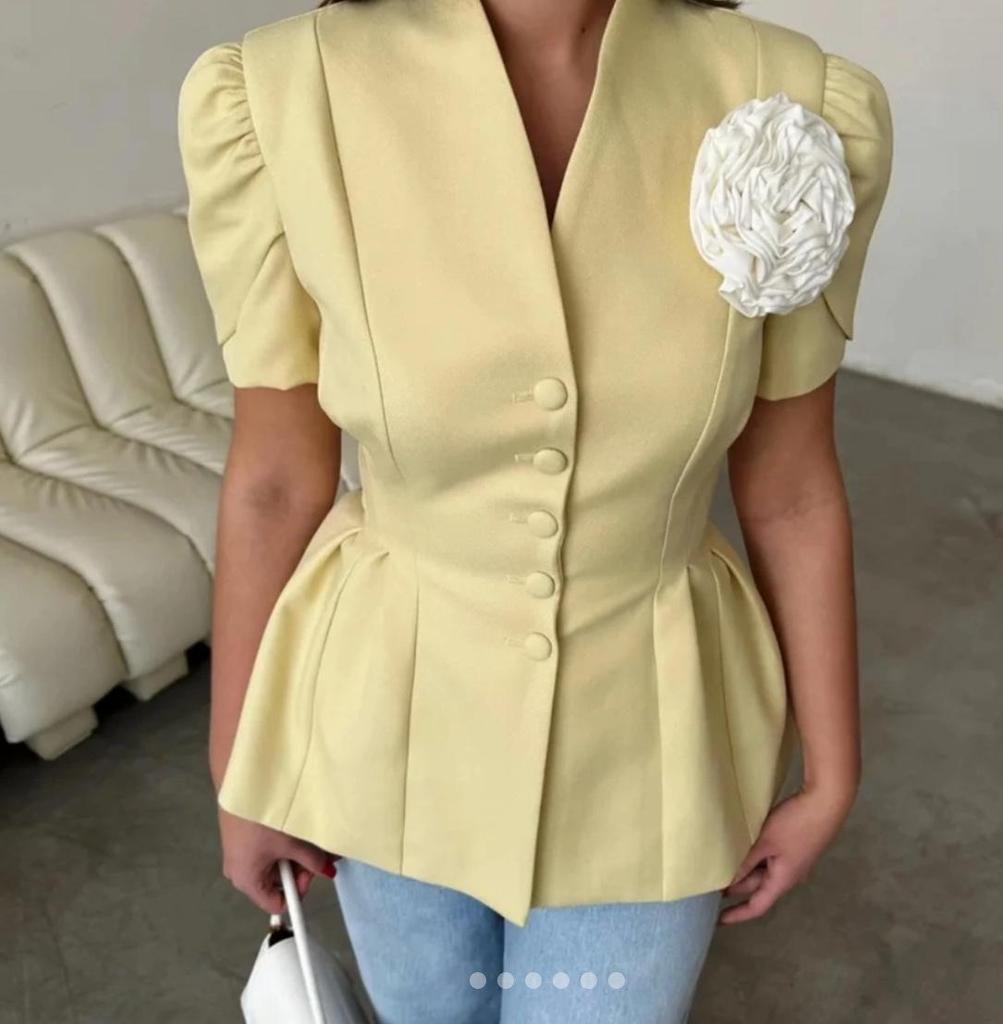 Moda Donna Europea e Americana Estate 2025 Top Suit Corto a Maniche Corte Floreale Fatto a Mano in Vita Stretta