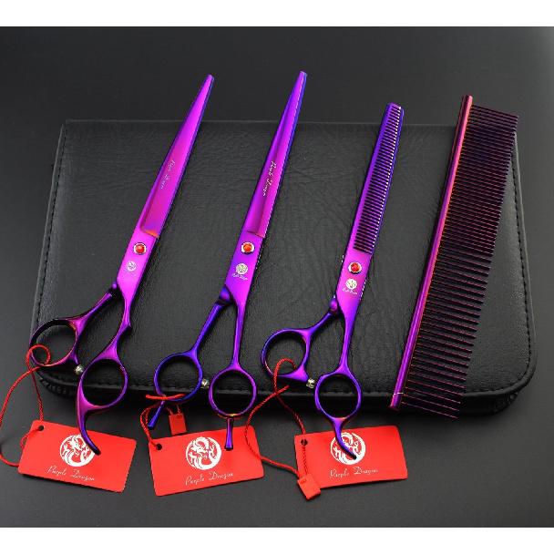 Purple Dragon 8 inch 3 in 1 Professional Pet Grooming Thinning Scissors - Upward Curved Shears and Dog Hair Cutting Scissor - Perfect for Pet Groomer