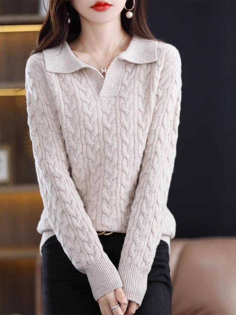 Autumn/Winter 2025 Retro Polo Collar Cashmere Sweater - High-End Knitted Cable Base Layer