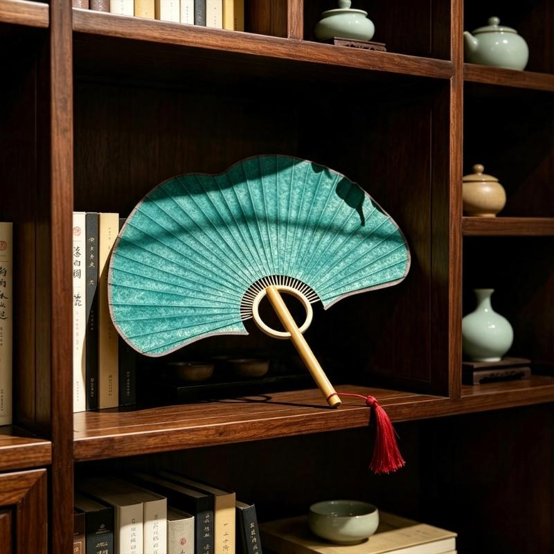 Handmade Hand Fan Handheld Cooling Fan Photograph Props Chinese Styles Fan with Long Handle for Cosplay Dances Party