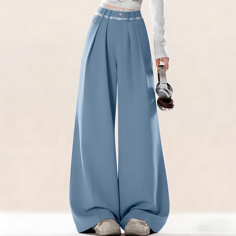 ZANZEA Womens Casual Lace Splice Solid Color Loose Long Pants M синий