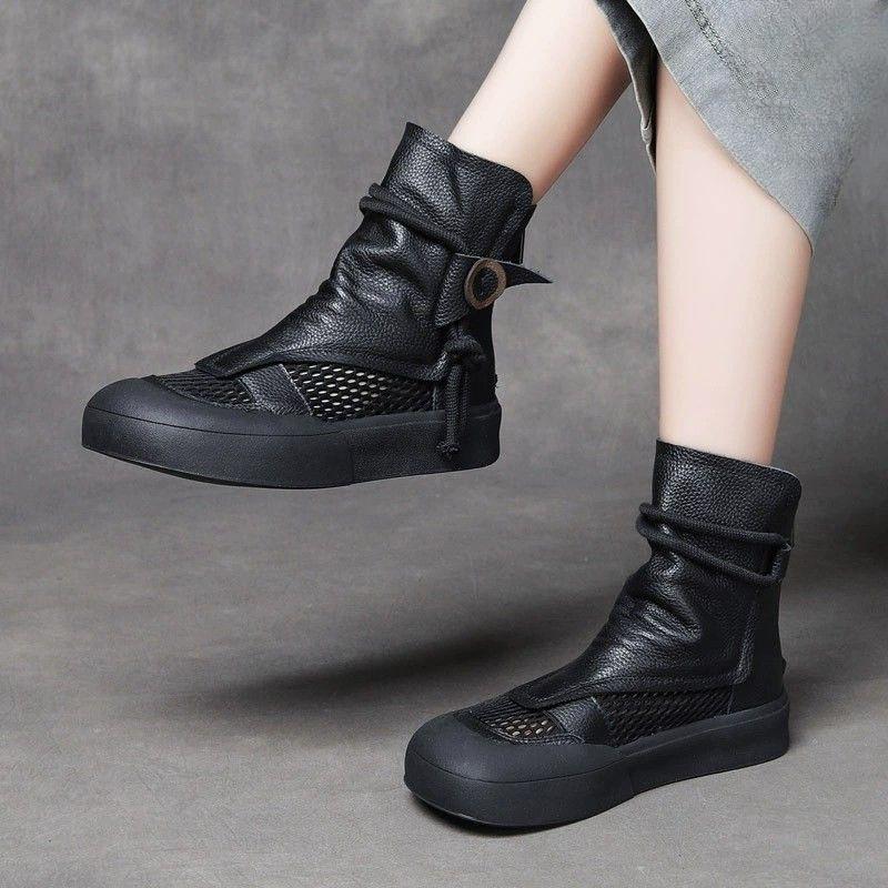 Retro Hollow Out cool boty pro ženy, silná podrážka, skutečná měkká kůže, ležérní houbová podrážka, zakrytí špičky, síťované krátké boty