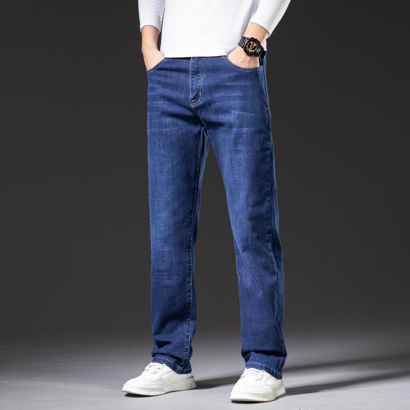 Blugi business clasici retro albaștri pentru bărbați, toamnă și iarnă, asortați cu pantaloni din denim moale, elastic, negri și albaștri pentru bărbați