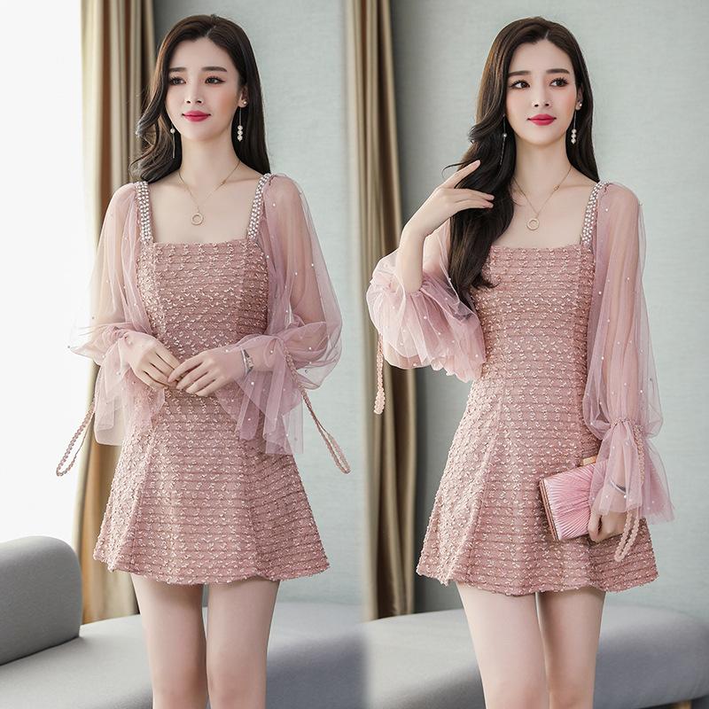 2026 new women's clothing chic small fragrant temperament medium and long mesh splicing long sleeves waist and thin dress women