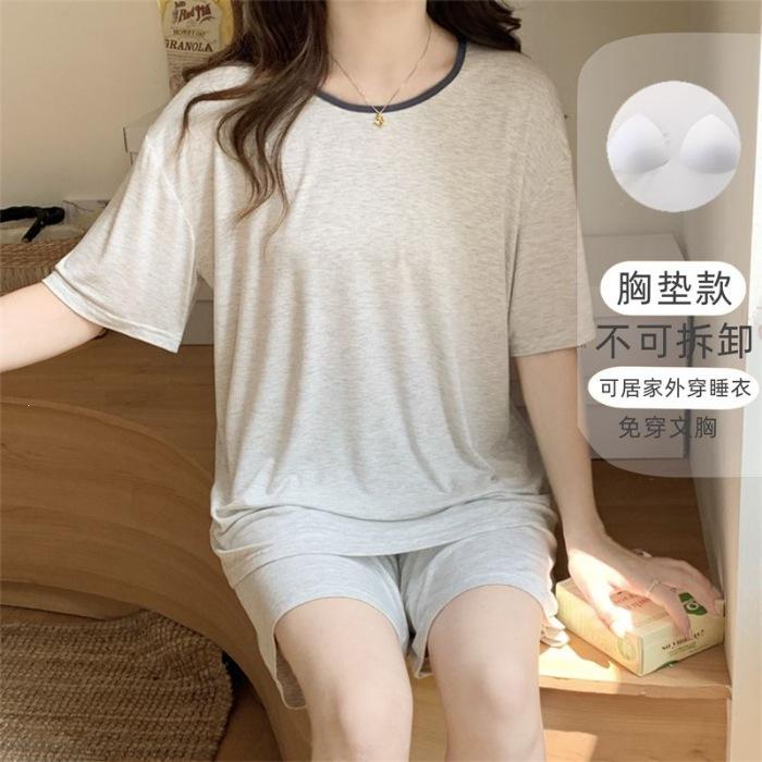 

Modal Korean ins Sweet Cotton with Chest Pad Pajamas Women s Summer Crew Neck Short Sleeve Shorts Loungewear Set XXL