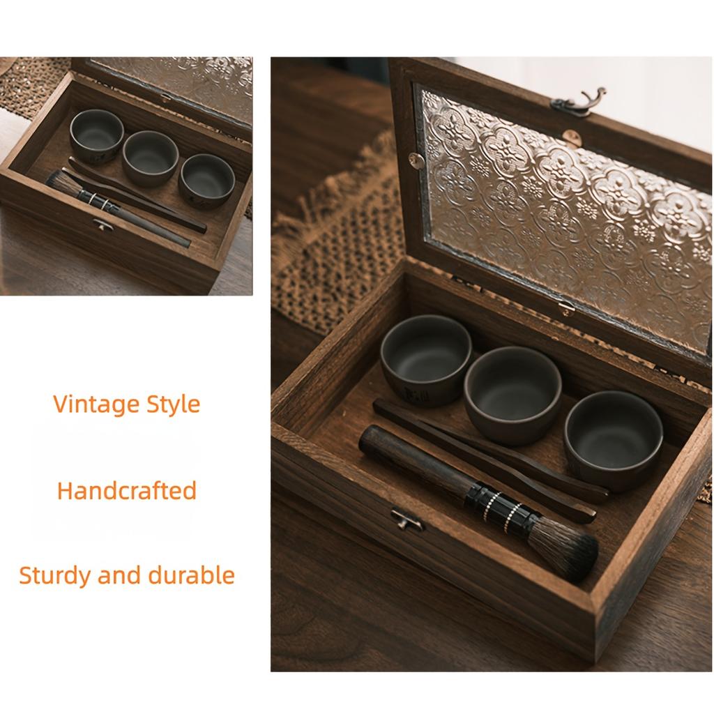 Vintage Paulownia Wood Jewelry Box with Dustproof Flip Lid, Desktop Storage Box with Embossed Begonia Glass Cover, Sturdy Wooden Jewelry Organizer