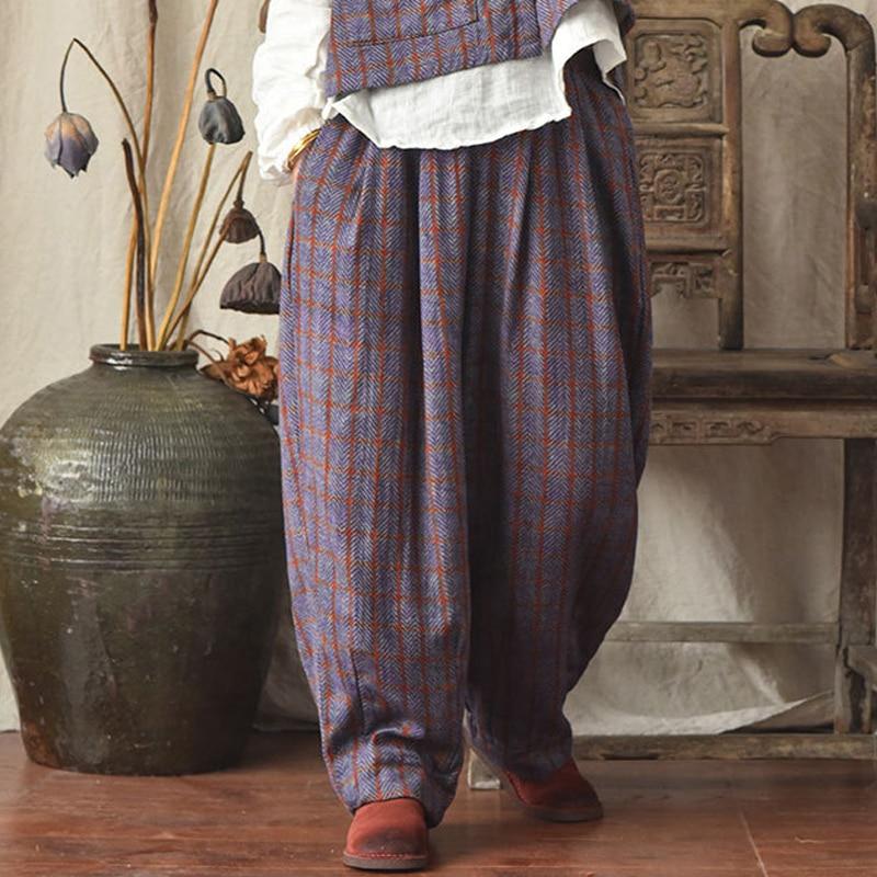 Johnature Women Plaid Straight Pants Spring Elastic Waist Vintage Loose All Match Cotton Linen Pockets Trouser