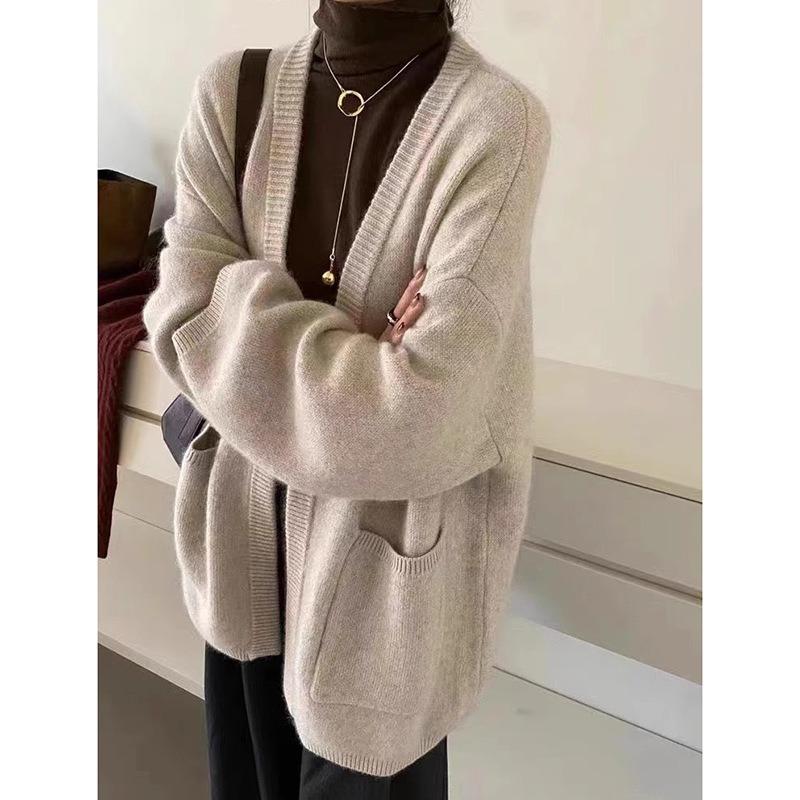 Solid Color V-neck Cardigan Women In The Long V-neck Thickened Autumn and Winter Lazy Soft Leisure Loose Warm Coat