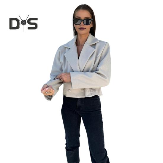 Kurtka damska na jesień i zimę w stylu angielskim, luźna, zapinana na dwa guziki, jednolity kolor, grube, długie rękawy, kołnierzyk wykładany, płaszcz dojazdowy na zewnątrz