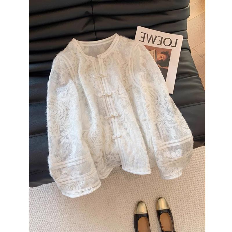 

Китайська покращена сорочка з мереживним ажурним дизайном, весняна, ретро, із застібкою ципао, з довгим рукавом, вільна, ретро, костюм тан XS білий