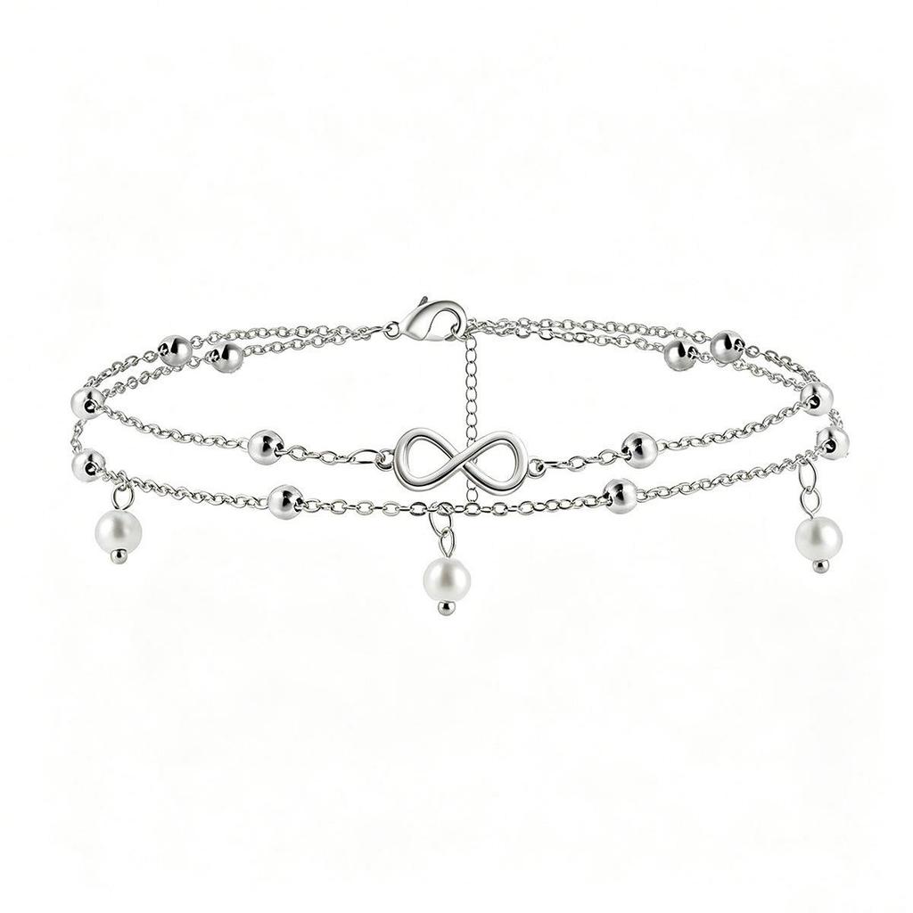 Infinity Symbol Double Layer Anklet with Faux Pearls - European & American Fashion