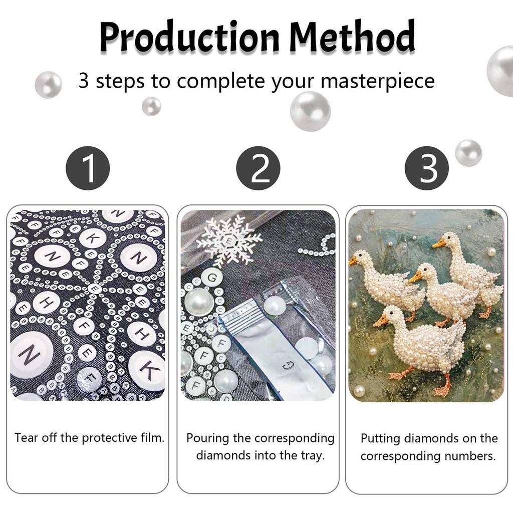 Elegant Framed Pearl Art DIY Set with Cute White Ducks 5D Sparkling Bead Canvas Painting Ready to Display Romantic Home Decor Gift