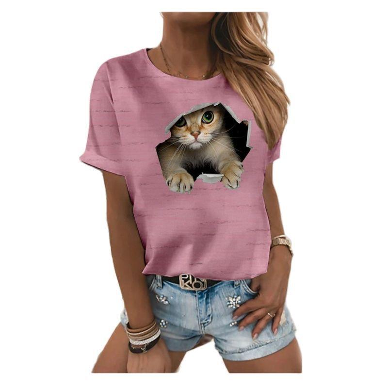 Summer Casual Digital Printed 3D Loose Round Neck Short Sleeved T-Shirts Women’s