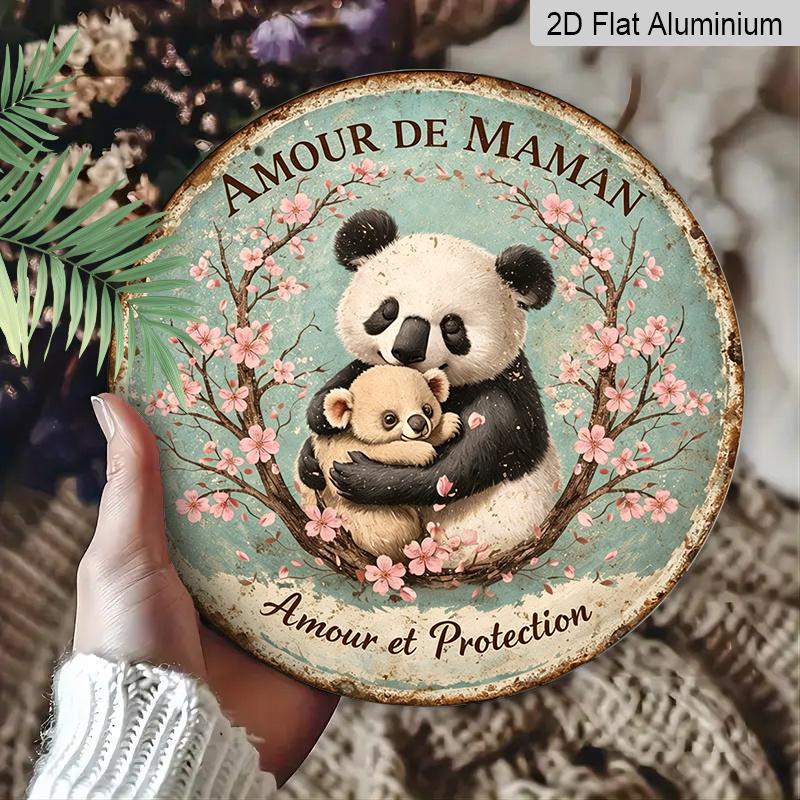 2D Flat, 1pc Round Aluminum Hanging Sign - "Amour De Maman" French Quote Panda & Baby Bear Metal Wall Art, Vintage Cherry Blossom Design-Maternal