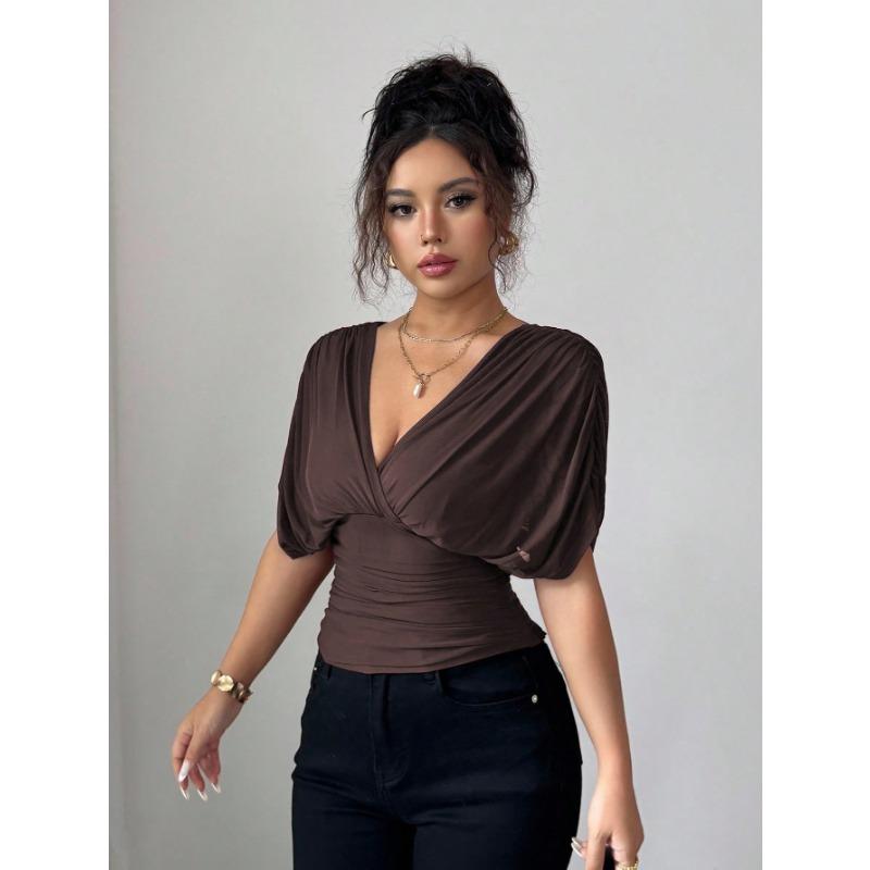 Women Solid Deep V Neck Short Sleeve Cinched Waist Sexy Casual Fitted Top