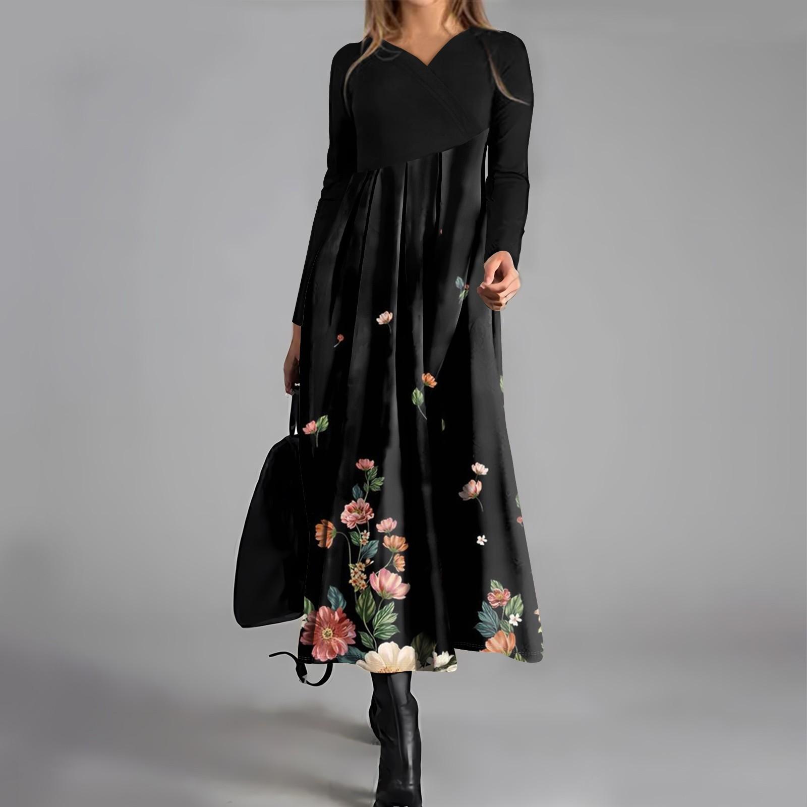 

Женское повседневное платье с V-образным вырезом и длинными рукавами, свободное и объемное платье с принтом L чёрный