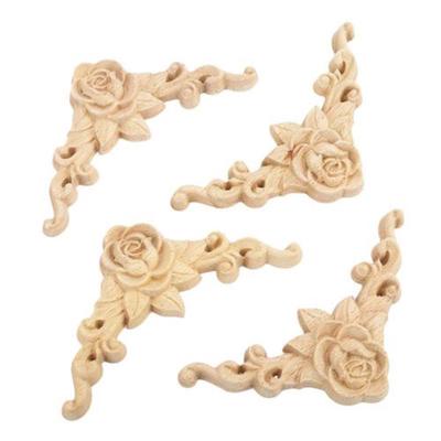 4pcs 8*8cm Wood Carved Corner Onlay Applique Door Cabinet Rose Unpainted Europ ADM