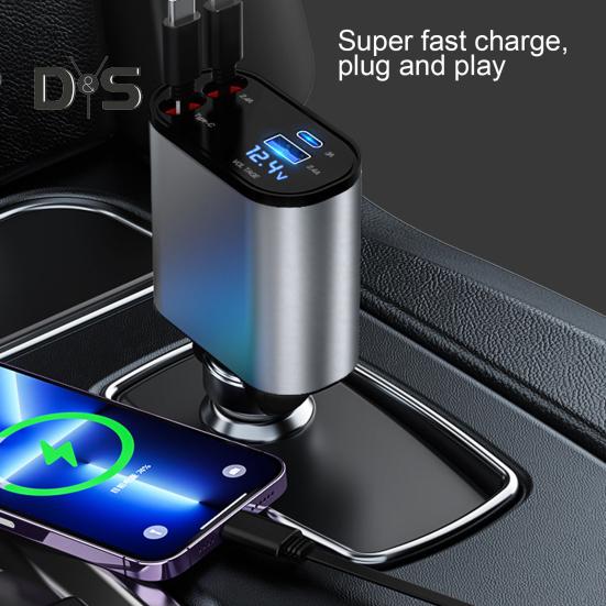 Cargador de coche con cable retráctil doble tipo C 8 pines USB 3A 2.4A Voltaje Pantalla digital Universal 100W Carga rápida de alta potencia Carga automotriz