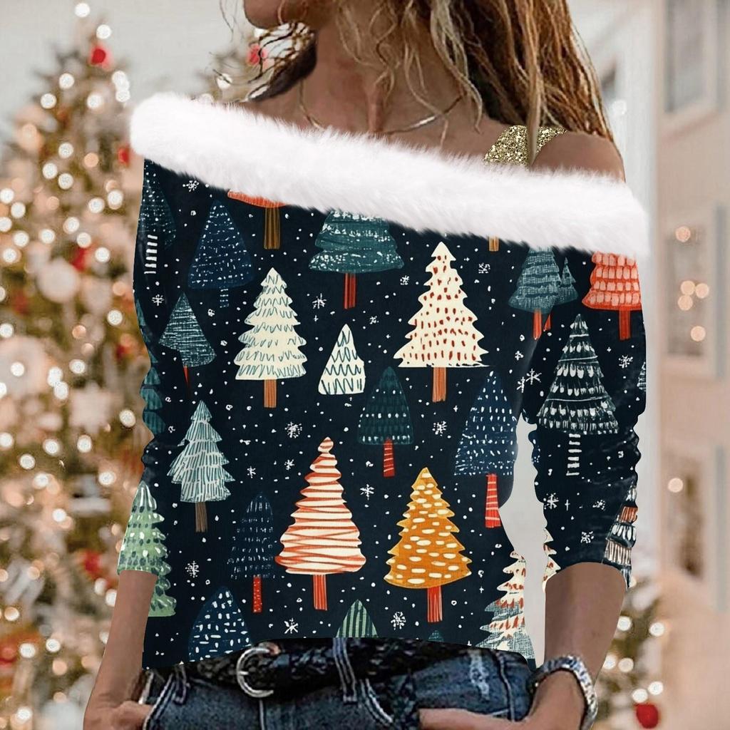 Women's Christmas Snowflake Print Long Sleeve Twill Pullover Collar Top