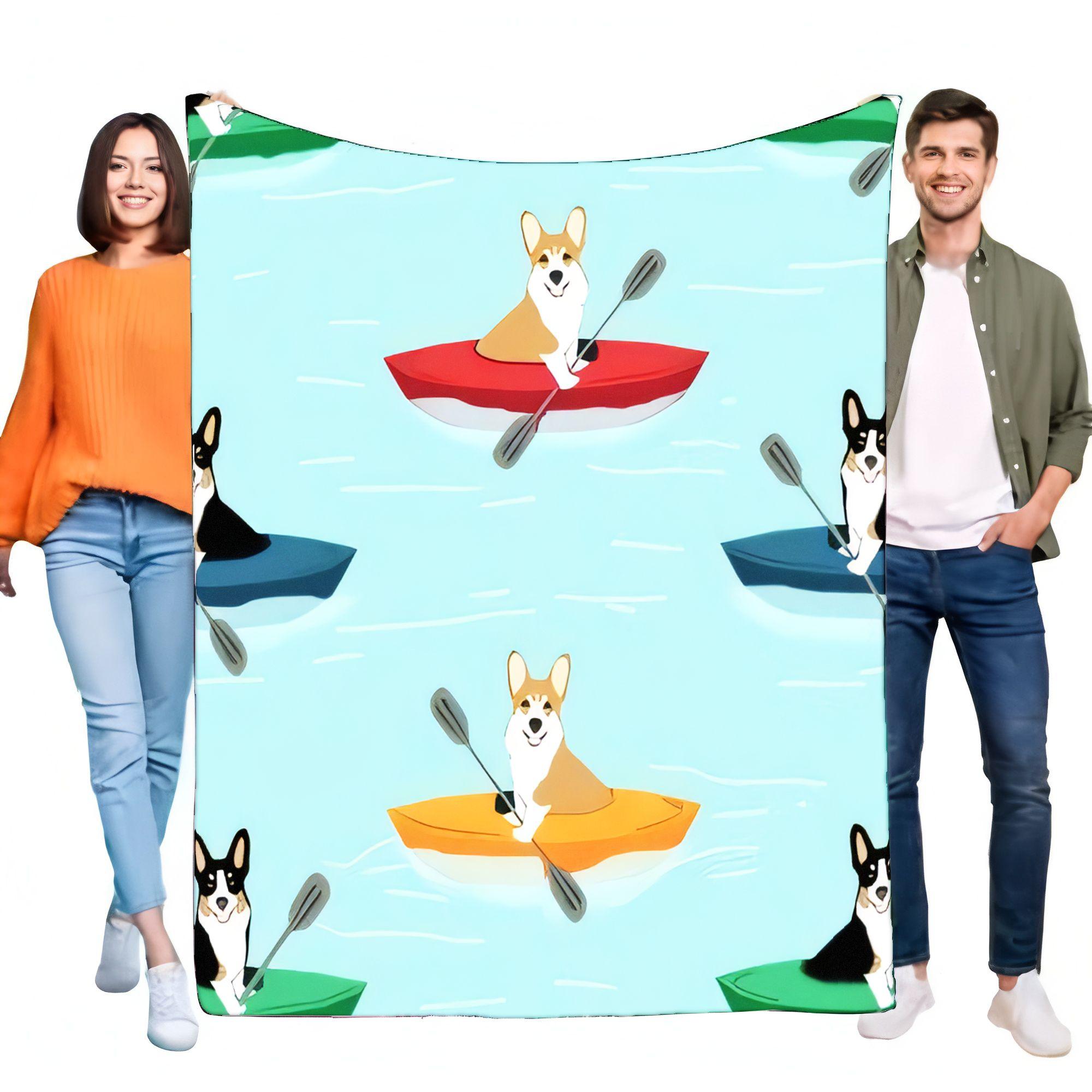 

Cute Corgi Dog Kayaking Blanket Super Soft Flannel Throw for Bed Sofa Funny Pet Lover Gift Cartoon Animal Print Cozy Lightweight 75x90cm