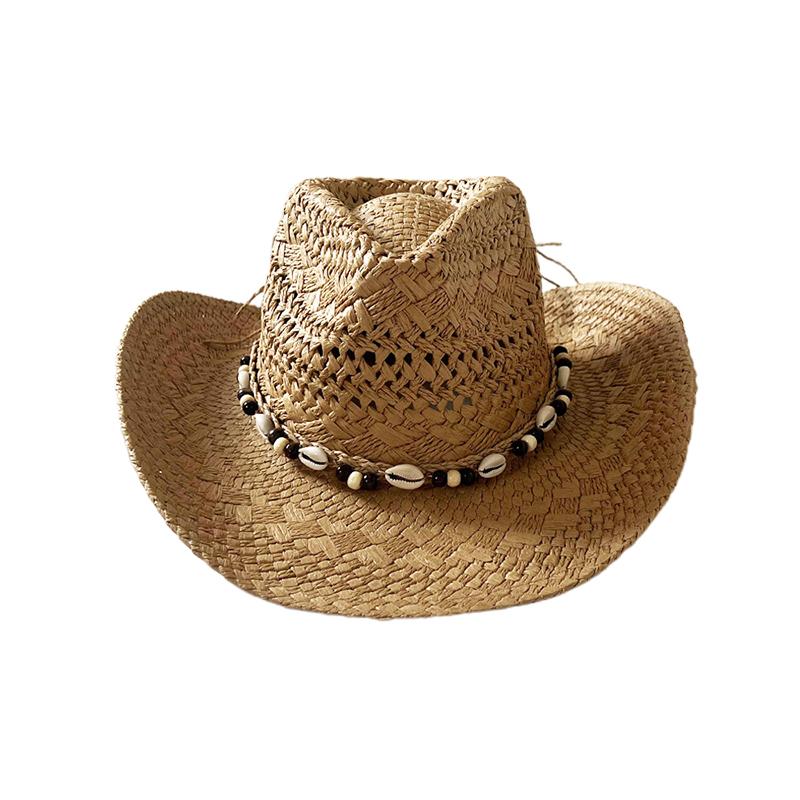 

Bohemian Shell Bead Design Straw Beach Hat Men Women Wide Brim Cowgirl Hat Stylish Handmade Hollow Rolled Edge Sunscreen Caps One Size