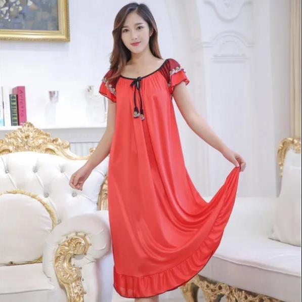 Satin Pajama Dress Women Lounge O-Neck Lace-up Short Sleeve Thin Sleeping Dress Ruffle Hem Summer Nightdress