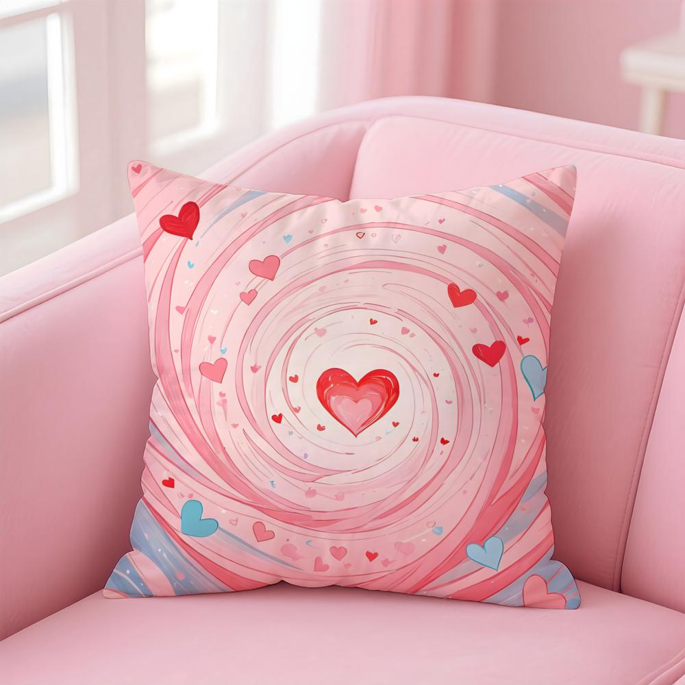 Love Pink Heart Print Cushion Cover Linen Pillowcase Cover Soft Decor for Sofa Home Room