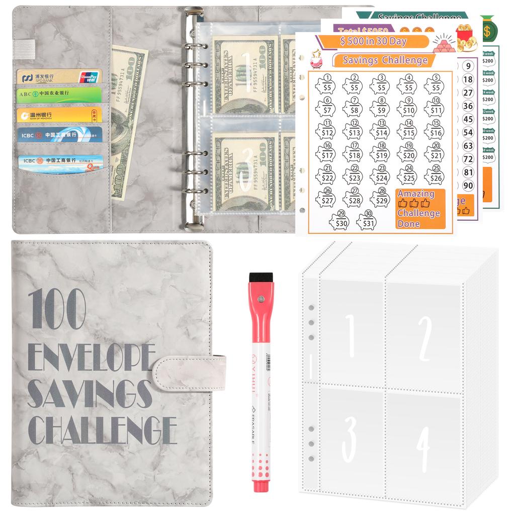 100 Envelope Money Savings Challenge Binder Set A5 PU Leather Students Notebook Marble Budget Binder with Cash Pockets