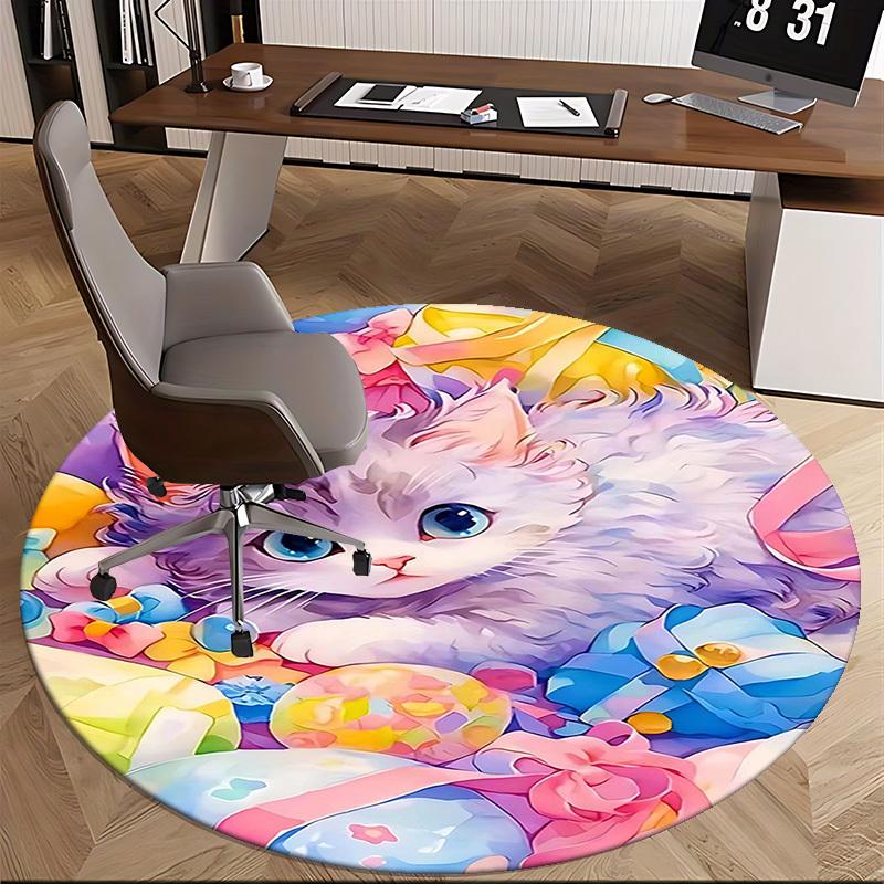 1pc Anime Design Round Carpet Cute Kitten with Colorful Flowers Chair Mat for Office, Home Decor, Living Room, Bedroom, Game Room, Non Slip Rug