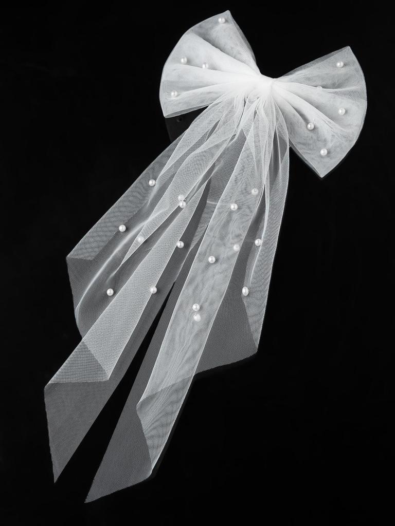 Pearl Bow Mesh Veil Headpiece for Bridesmaid & Wedding Dress Hair Clip