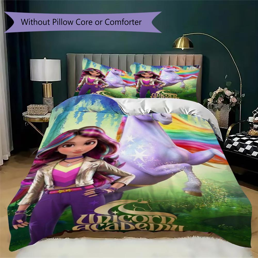 Unicorn Academy Pattern Bedding Uilt Set Uilt Cover Pillowcase Home Decoration Birthday Gift (1 * Duvet Cover + 2 * Pillowcase Without Core)95