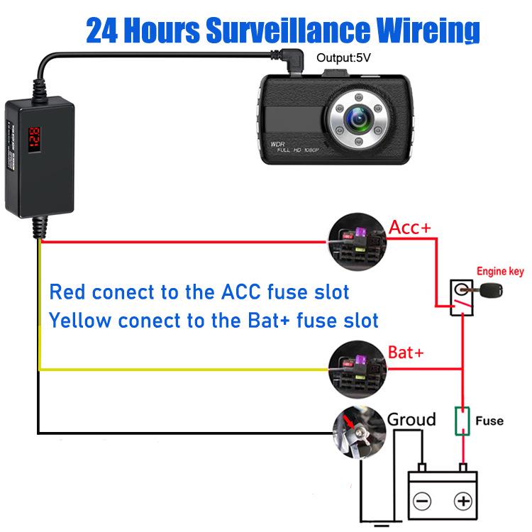 Caricabatteria per auto a tensione regolabile con dash cam time-lapse e display digitale