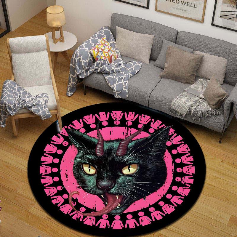 Lovely Gothic Black Cat Green Eyes Round Rug, Pastel Pink Elegant Touch, Charming Decor for Dorm Apartment and Rental with Hip with Sparkle