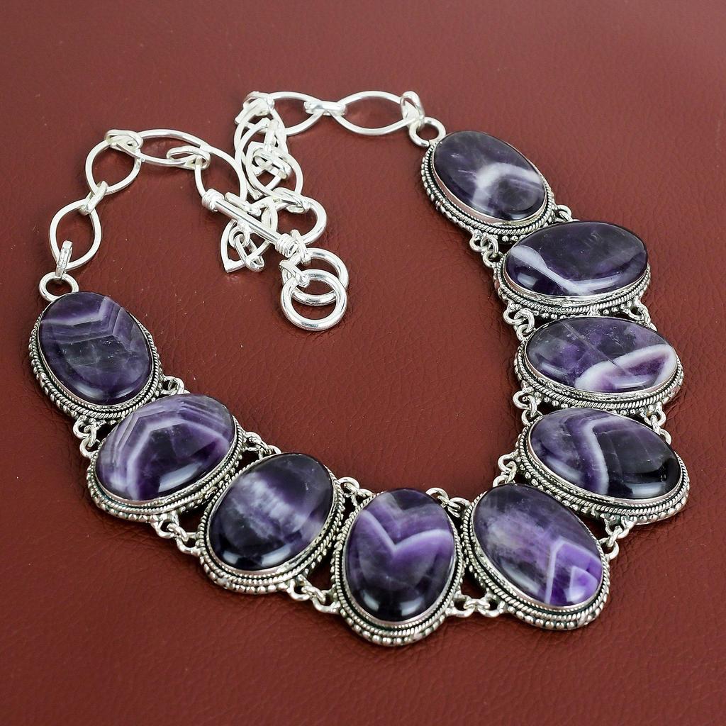 Chevron Amethyst Necklace Gemstone Vintage Necklace 925 Sterling Silver Adjustable Chain Necklace Handmade Antique Jewelry Anniversary Gifts