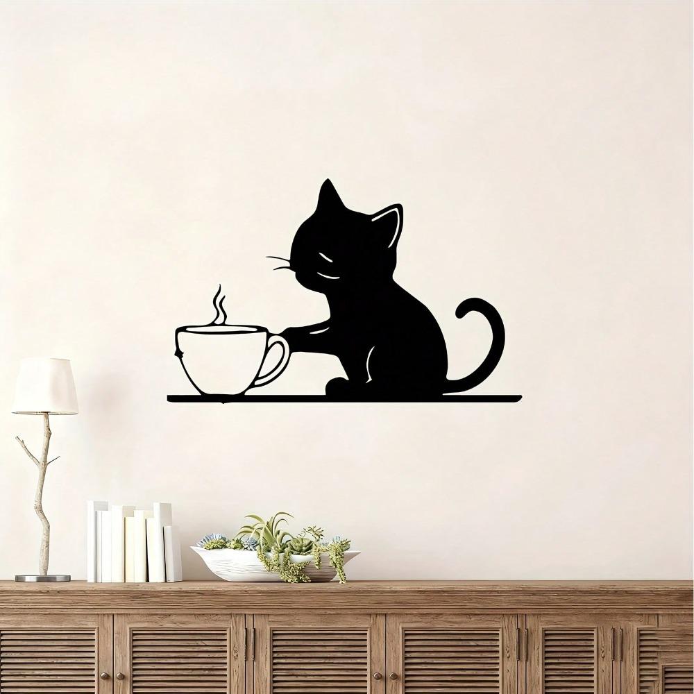 Metal Wall Art Cat Coffee Sculpture Powder Coated Iron Home Decor Gift