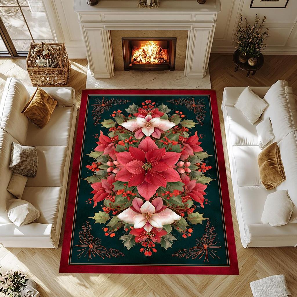Christmas Poinsettia Floral Area Rugs Non-Slip Washable Carpet for Bedroom Living Room Rug Holiday Decor Floor Mat