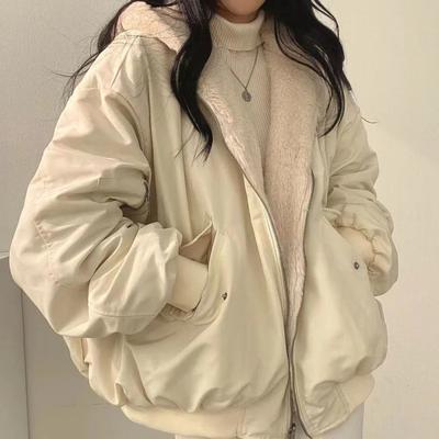 Χειμερινά Παρκά Ζεστά Παχιά Γυναικεία Oversized Kawaii Διπλής Όψης Μπουφάν με Κουκούλα Κυρίες Κορεατικά Απλά Φαρδιά Μπουφάν με Φερμουάρ