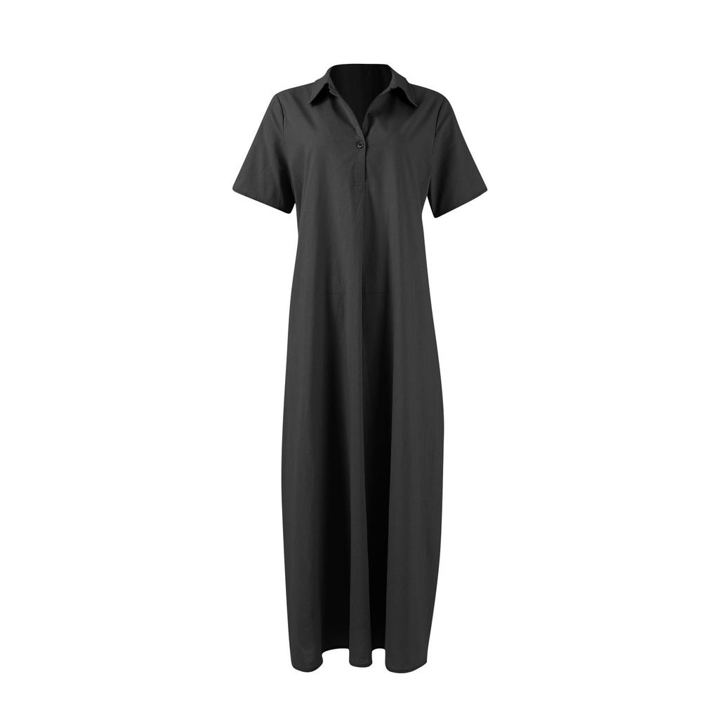 Women's Fashionable Solid Color V Neck Short Sleeved Button Loose Pullover Shirt Dress