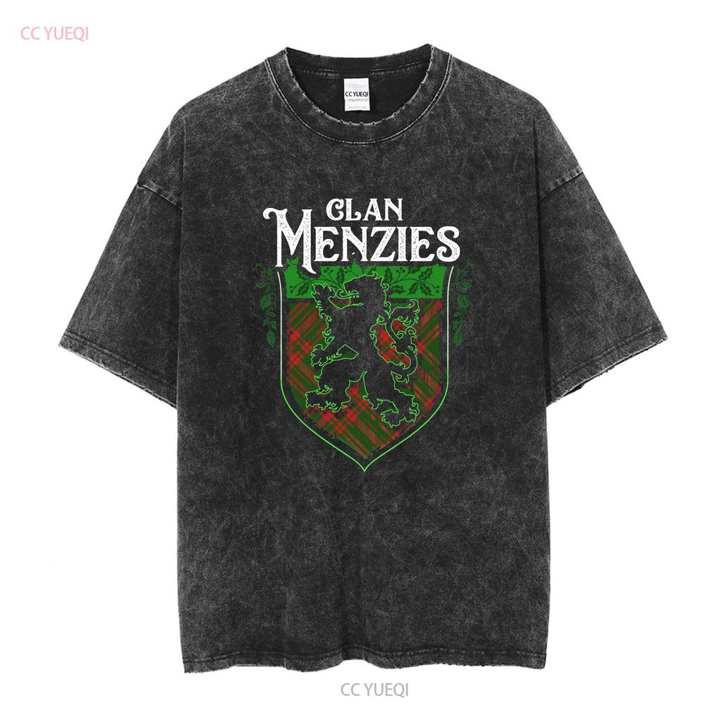 Clan Menzies Scottish Tartan Lion Rampant T Shirt Crest Last Name Surname Womens Long or Short Sleeves Vintage Washed Graphic
