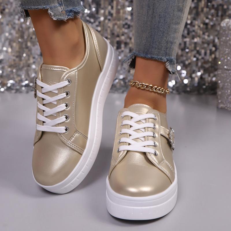 Fashion Fashion Metal Decoration Lace Up Skateboard Shoes Women Autumn Round Toe Thick Bottom Sneakers Casual Soft Sole Non Slip Shoes