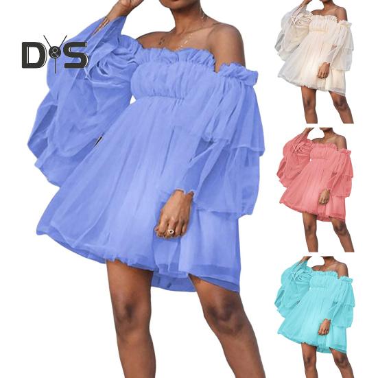 Women Dress Off Shoulder High Waist Mesh Layered Shirring A-line Long Sleeves Solid Color Princess Style Mini Dress Prom Beach Party Short Dress