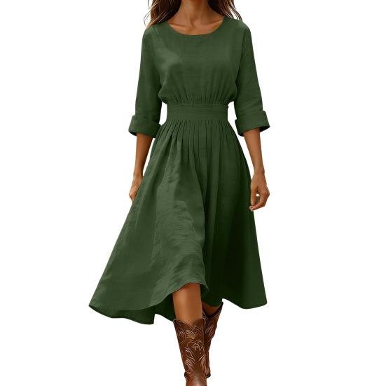 

Женское хлопково-льняное платье миди Повседневное с круглым вырезом и длинным рукавом Платье-трапеция Летнее плиссированное платье А-силуэта S зелёный