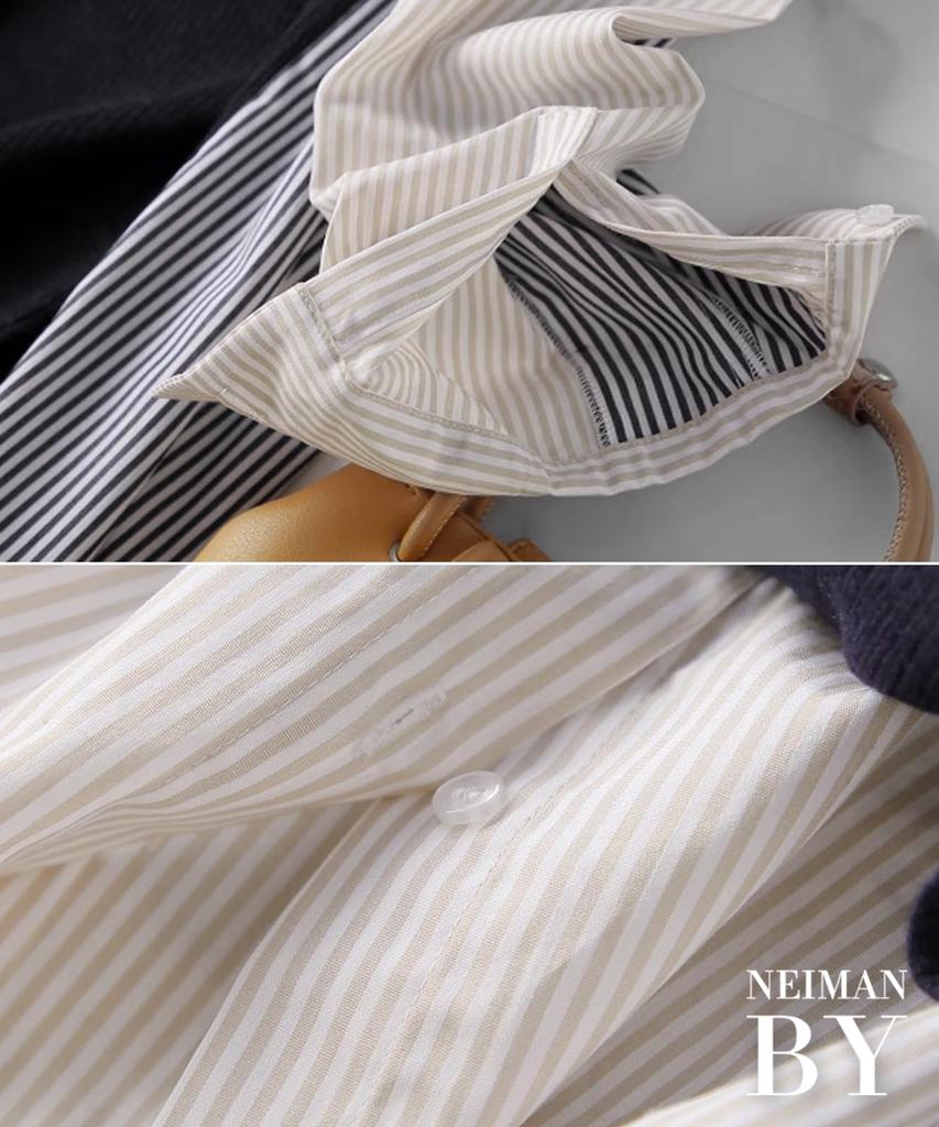 Neiman by Layered Striped Long Sleeve Shirt with Contrast Crew No Plus Fluffy No Office Slimming Senior Women's Pattern, Casual, Spring/Autumn
