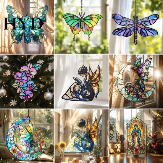 Seasonal Party Decorations Suncatcher Acrylic Stained Glass Effect Butterfly/Dragonfly/Fairy Ornament Window Outdoor Hanging Decor Holiday
