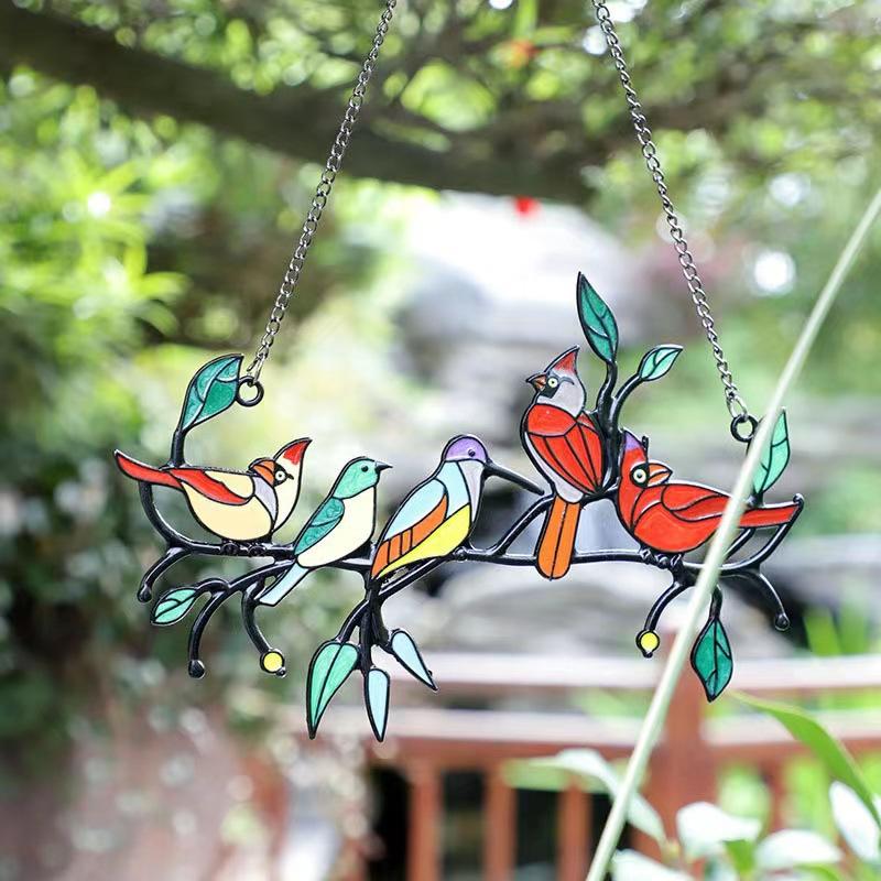 Stained Glass Birds Home Room Window Panel Hanging Suncatcher Decor Balcony