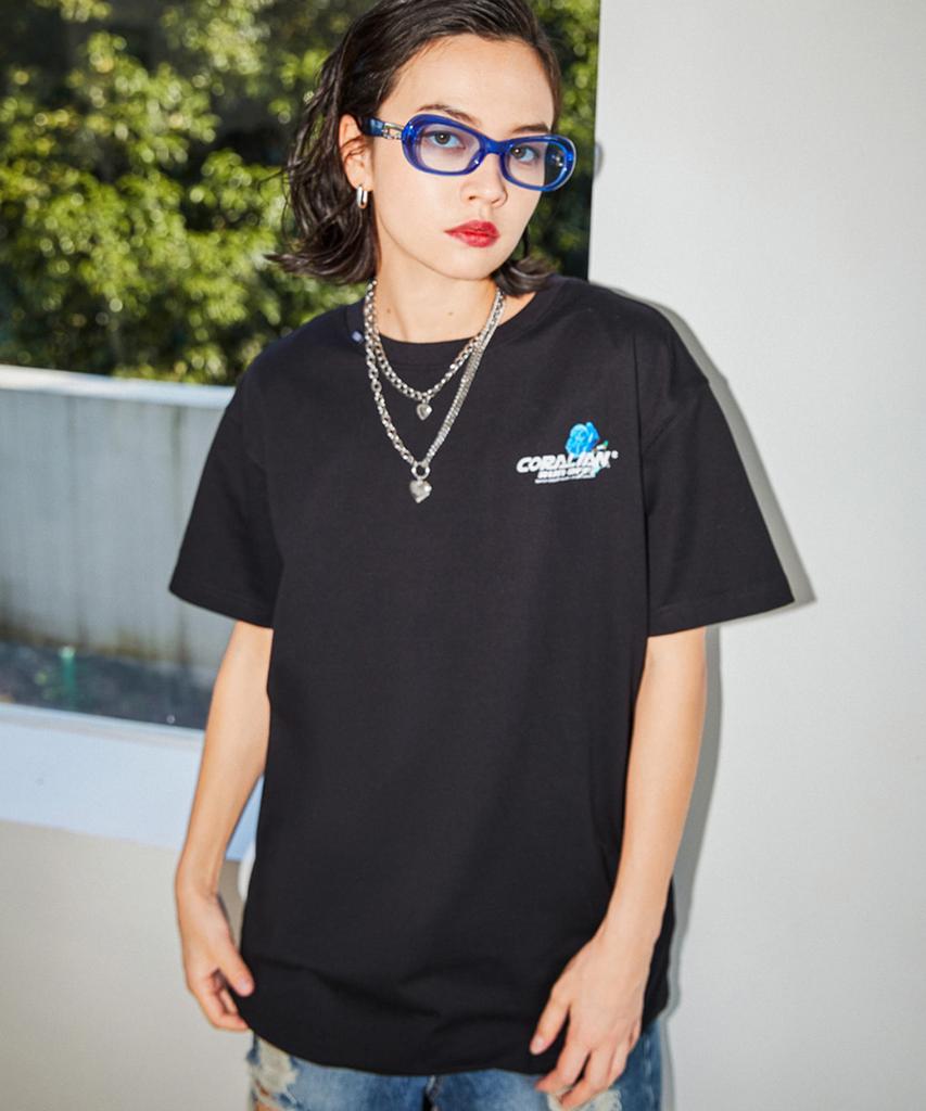 CORALIAN Runoff Blue Rose Mesh Cotton Short Sleeve T-Shirt Black